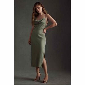 BHLDN August Satin Charmeuse Midi Dress Size 6 Moss Green Draped Neck Side Slit